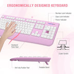 Wireless Keyboard and Mouse Combo, EDJO 2.4G Full-Sized Ergonomic Computer Keyboard with Wrist Rest and 3 Level DPI Adjustable Wireless Mouse for Windows, Mac OS Desktop/Laptop/PC(White Pink)