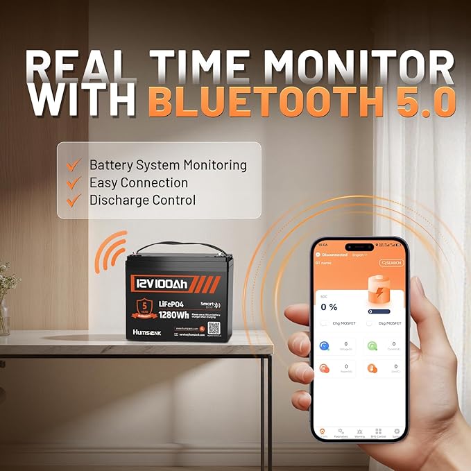 12V 100Ah LiFePO4 Lithium Battery Bluetooth - BCI Group 24 Deep Cycle Battery, Built-in 100A BMS & Low-Temp Protection, 15000+ Cycles, for RV/Marine/Trolling Motor/Off-Grid/Home Backup