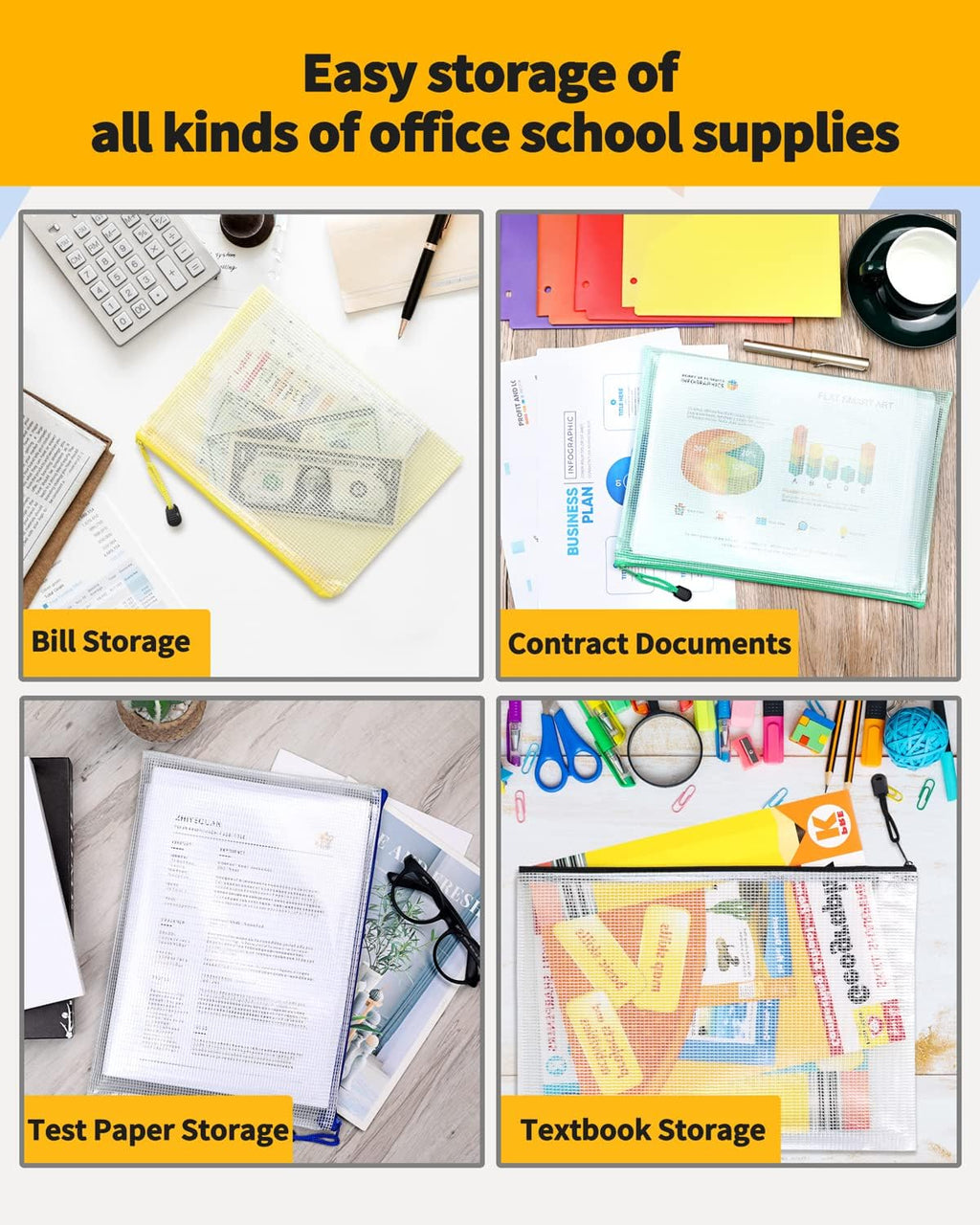 SUNEE Mesh Zipper Pouch 11x16 in (10 Colors, 30 Packs), Large Mesh Zipper Pouch Bags for School Office Supplies, Puzzles & Games, Travel Accessories, Waterproof Zipper Pouches for Organizing