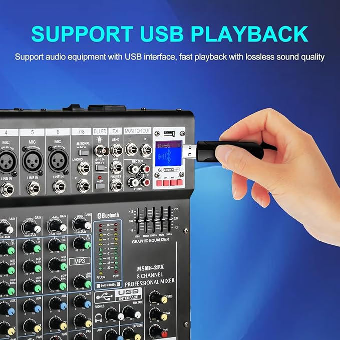 Dj Mixers 8 Channel Audio Mixer Sound Board with Bluetooth, Usb Audio Interface with 48V Phantom Power Sounds Mixer Board with FX Reverb Delay Effect for Streaming