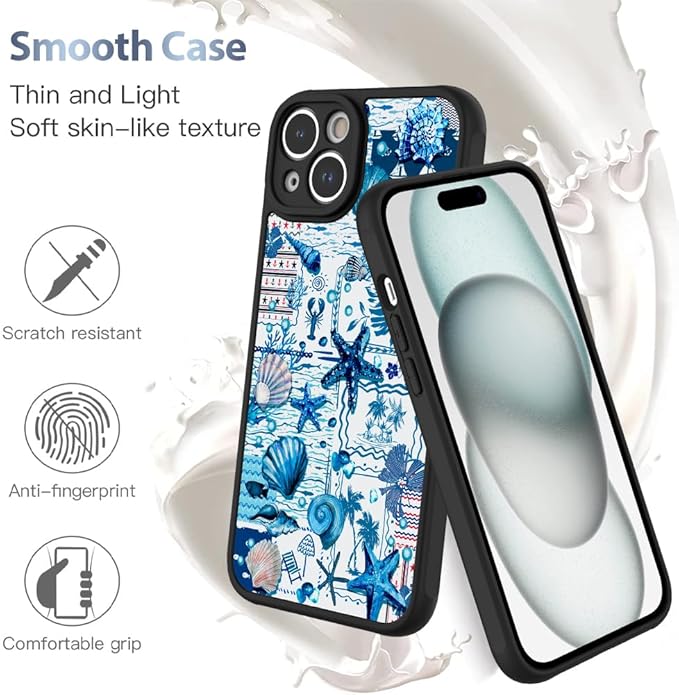 AIGOMARA Magnetic Case for iPhone 15 [Compatible with MagSafe] Blue Shell Starfish Ocean Holiday Collage for Women Girls Men Soft TPU Bumper Hack PC Back Heavy Duty Protective Slim Cover