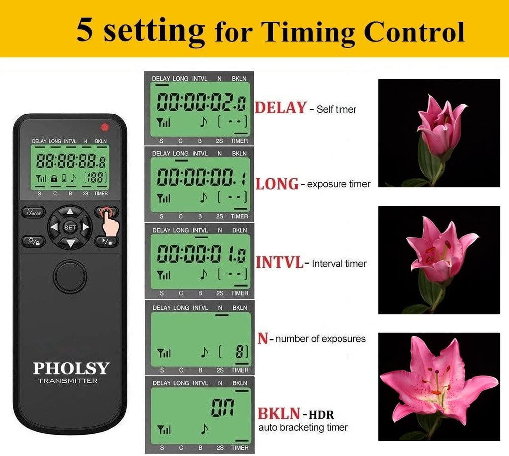 PHOLSY Wireless Timer Remote Release Control with Intervalometer and HDR for Olympus E-M1, E-M5 II, E-M5, E-M10 II, PL8, PL7; for Panasonic S5, S1H, S1RM, S1, G95, G91, G90, G9, FZ10002, GH5, GH6