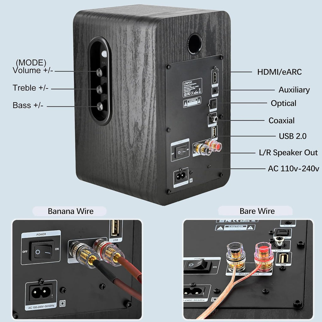 LONPOO Powered Bookshelf Speaker, Active Near Field Studio Monitor with 4" Caron Fiber Woofer and 1" Silk Domed Tweeter,100 Watts RMS with eARC, Optical, Coaxial, Wireless Bluetooth Streaming,Aux-in