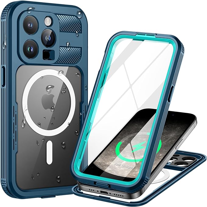 Lanhiem Magnetic for iPhone 15 Pro Max Case, IP68 Waterproof Dustproof Case, [Compatible with Magsafe] [Built-in Screen Protector] Full Body Heavy Duty Rugged Phone Cover 6.7 inch, Blue/Clear