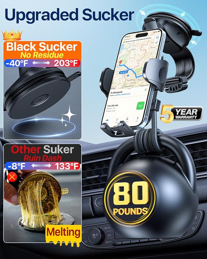 HTU Upgraded Strongest Suction Car Phone Holder Bendable Arm, Never Block View Rotatable Cellphone Mount for Dashboard Windshield Vent, Cradle Stand for iPhone 16 15 14 13 12 Pro Max (Dark Pink)