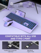 Wireless Keyboard and Mouse Backlits, Wrist Rest, LED Mouse, Rechargeable Ergonomic Keyboard with Phone Holder, Silent Light Up Combo for Computer, Mac, PC, Laptop, Chromebook (Purple)