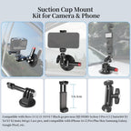 FIFIELD 3inch Suction Cup Camera Mount with Ball Head Magic Arm, 1/4" ARRI Holes, Quick Release Car Mount with Phone Holder & Action Camera Adapter Compatible with DJI OSMO Pocket 3 Insta360 iPhone