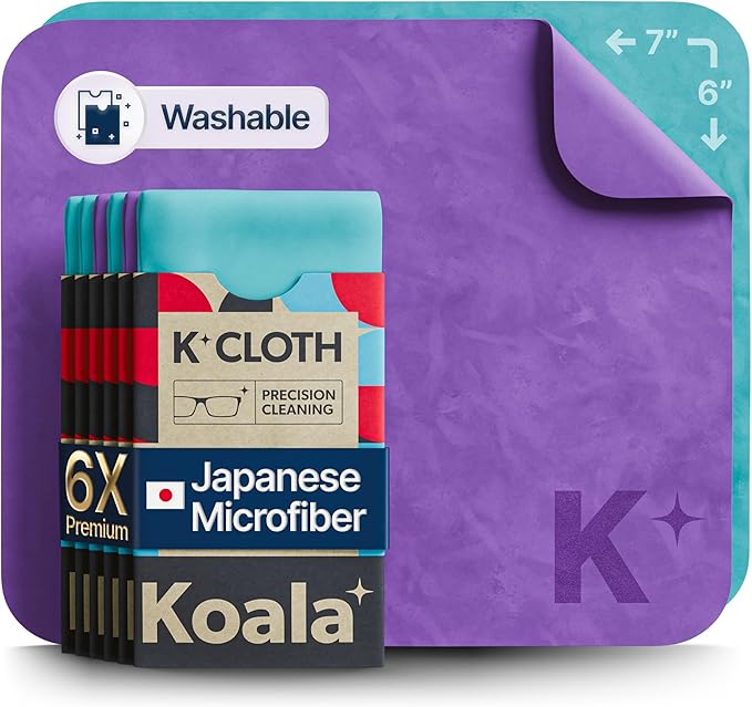 Koala Lens Cleaning Cloth | Japanese Microfiber | Glasses Cleaning Cloths | Eyeglass Lens Cleaner | Eyeglasses, Camera Lens, VR/AR Headset, and Screen Cleaning | Blue & Purple (Pack of 6)