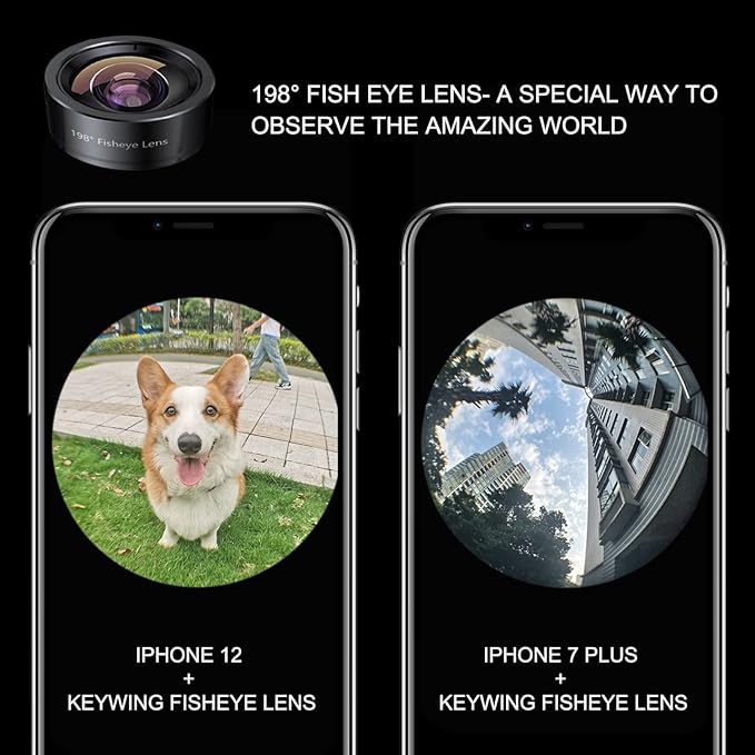 KEYWING Fisheye Lens 198° Fish Eye Phone Camera Lens Kit for iPhone Fish Bowl Camera Lens Attachments for iPhone 7 8 x xr 11 12 13 pro max Samsung Smartphone Black