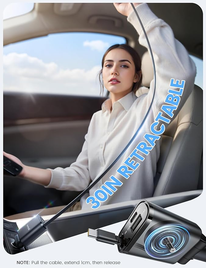 Lamicall Retractable Car Charger USB C Fast Charging 57W Type C Car Phone Charger fit iPhone 16 16e 15 Pro Max Plus Samsung Galaxy S25 S24 Ultra Pixel Android PT-47-Black