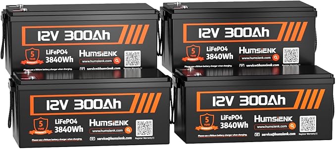 Bluetooth 12V 300Ah Battery LiFePO4 Lithium Built-in 100A BMS, 15000 Deep Cycles Battery 3840Wh with Low-Temp Protection for RV Marine Trolling Motor Home Energy Storage Off-Grid Living, 4 PACK