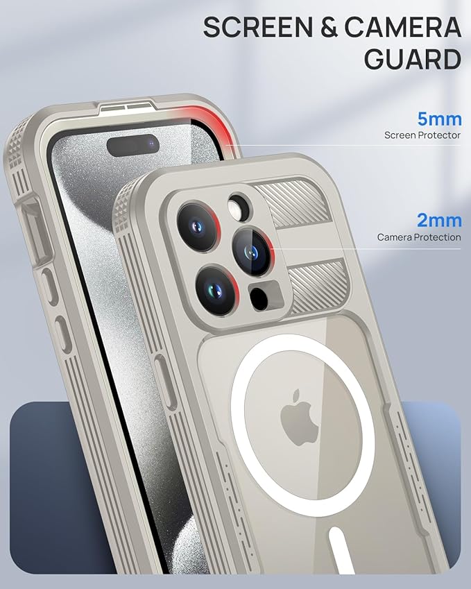 Lanhiem Magnetic for iPhone 15 Pro Max Case, IP68 Waterproof Dustproof Case, [Compatible with Magsafe] [Built-in Screen Protector] Full Body Heavy Duty Rugged Phone Cover 6.7 inch, Natural