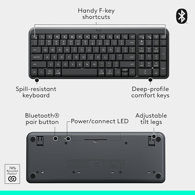 Logitech MK250 Bluetooth Wireless Mouse and Keyboard Combo: Fast & Easy Connectivity, Compact Wireless Keyboard, Ambidextrous Mouse, Durable Build - Windows/MacOS - Graphite