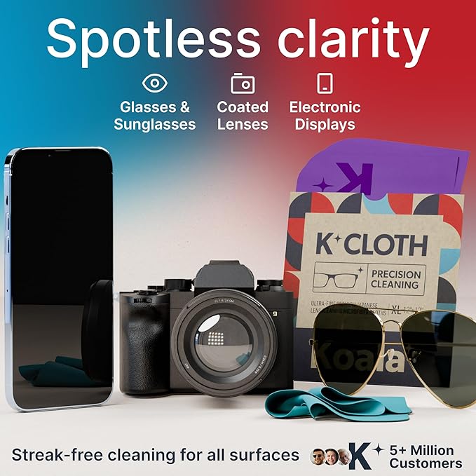 Koala Lens Cleaning Cloth | Japanese Microfiber | Glasses Cleaning Cloths | Eyeglass Lens Cleaner | Eyeglasses, Camera, VR/AR Headset, and Screen Cleaner | Blue & Purple (Pack of 3)