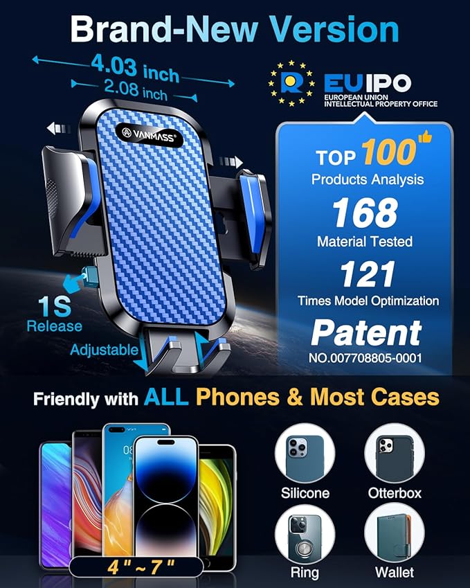 VANMASS [Longest Lasting] True Military-Grade Car Phone Holder Strongest Suction & Clip Cell Mount Dashboard Windshield Vent Automobile Cradle Truck Accessories for iPhone 16 15 Pro Max 14 13 Android