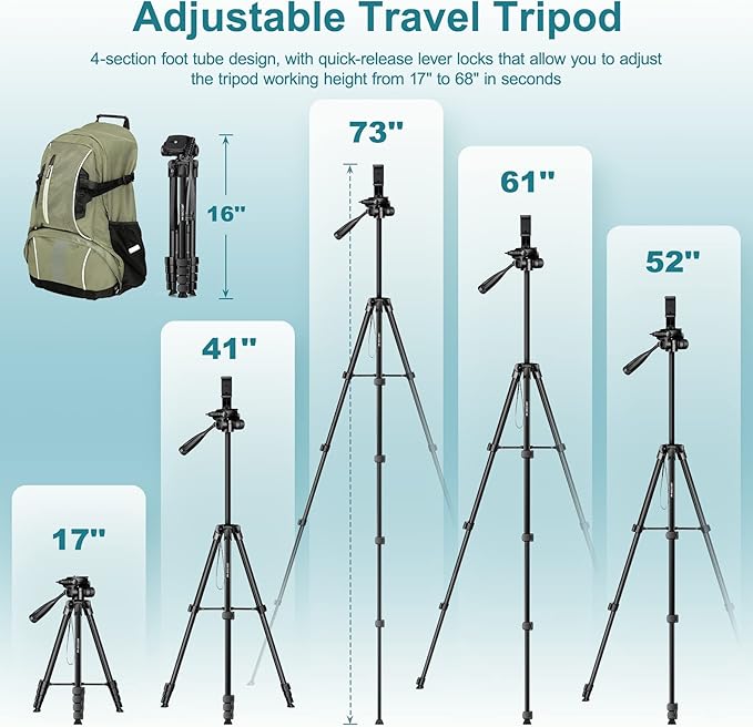 JOILCAN Phone Tripod, 68" Tripod for Phone Stand Video Recording Photos, Travel Floor Tripods Compatible with iPhone Canon Nikon DSLR, Cell Phone Tripods with Remote/Travel Bag