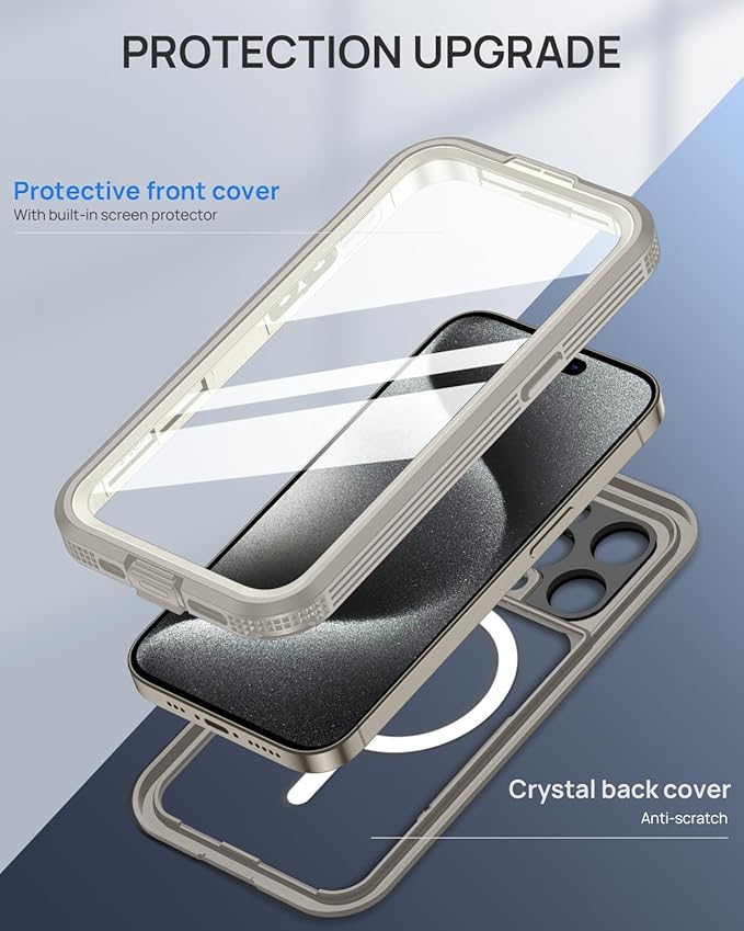 Lanhiem Magnetic for iPhone 15 Pro Max Case, IP68 Waterproof Dustproof Case, [Compatible with Magsafe] [Built-in Screen Protector] Full Body Heavy Duty Rugged Phone Cover 6.7 inch, Natural