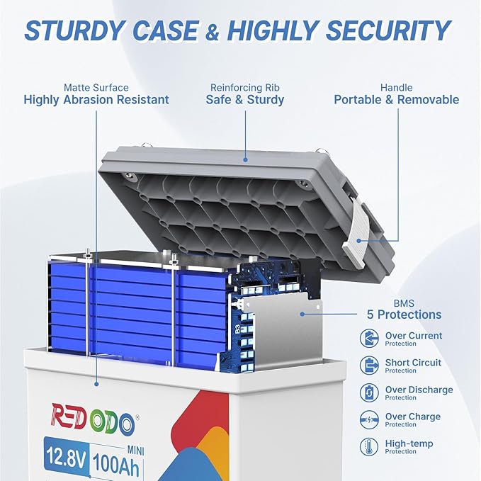 Redodo 4 Pack 12V 100Ah Mini LiFePO4 Lithium Battery, 1280Wh Deep Cycle Battery with Upgraded 100A BMS, 4000-15000 Cycles, Perfect for Boat, Solar Home, RV, Off-Grid, Trolling Motor