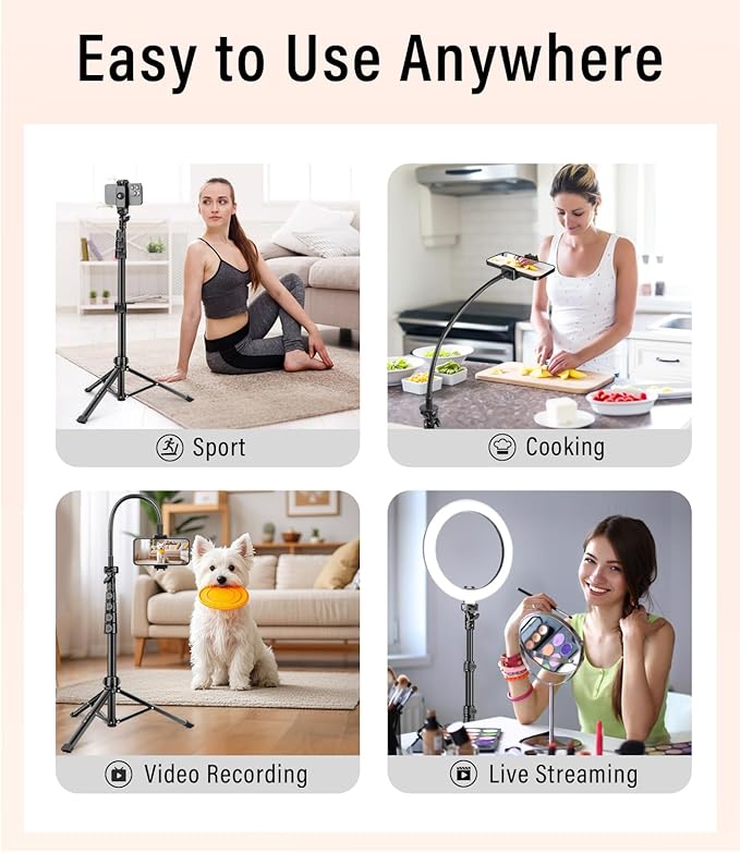 Phone Tripod, 86" Tall Tripod Stand with Gooseneck, Remote and Phone Holder, Suitable for Recording Fitness Vlog Watching Cooking, Compatible with Smartphone, Camera