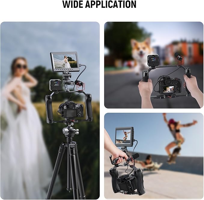 NEEWER Video Camera Cage Rig with Arca Type Quick Release Plate, Double Handles, 3/8" ARRI 1/4" Threads, Cold Shoes, Universal Camera Stabilizer, Compatible with SmallRig NEEWER Base Plate, CA077