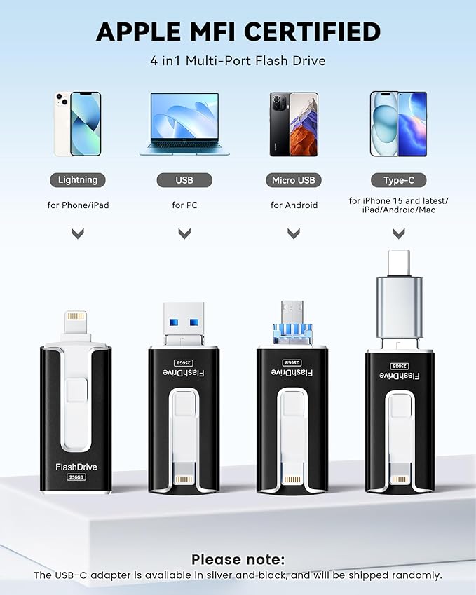 MFi Certified 256GB Flash Drive for iPhone iPad, Photo Stick for External Memory Storage, Easily Back Up and Save Photos Videos, USB Memory Stick Thumb Drive for iPhone/iPad/Android/PC (Black, 256GB)