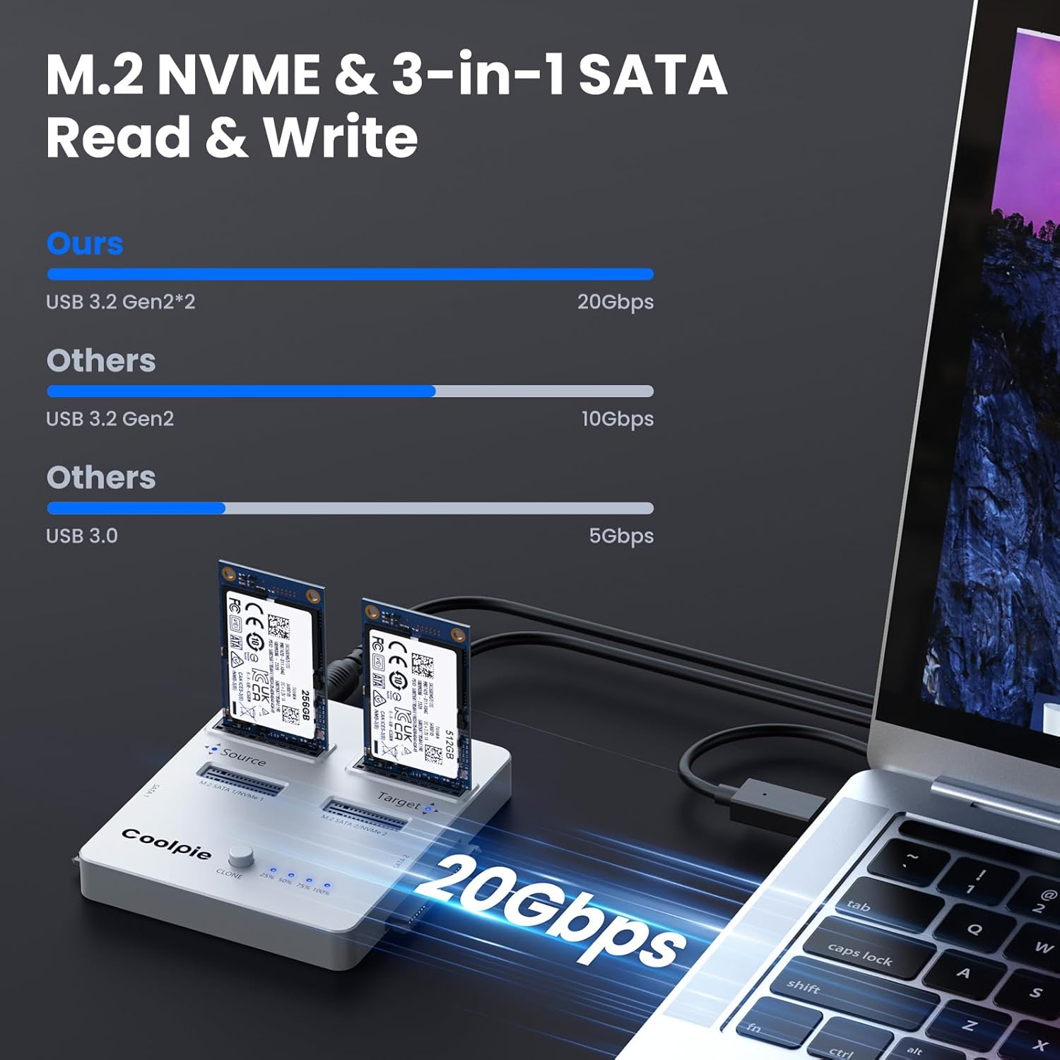 CR311 3-in-1 SSD Cloner, USB3.2 Gen2*2 M.2 Reader, Supports M.2 NVMe/SATA, SATA 2.5''/3.5'' HDD
