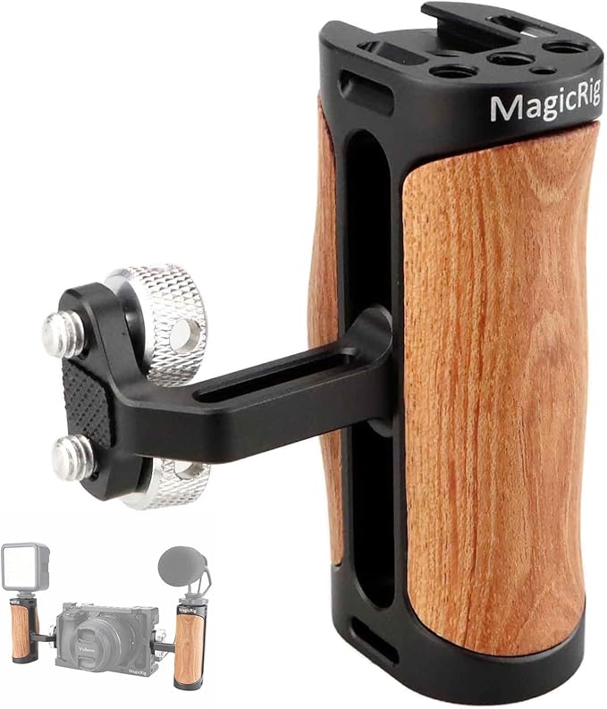 Side Handle Wooden Handgrip with Two 1/4"-20 Screws for DSLR Camera Vlog Camera Cage, Portable Mini Handle for Left/Right Hand with Cold Shoe 1/4" 3/8" ARRI Thread, Up and Down Adjustable