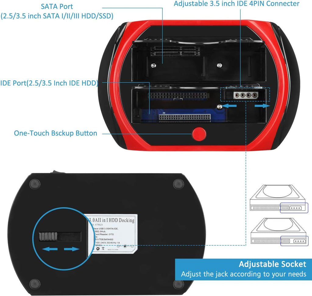 Hard Drive Docking Station, TCC-S862-US USB 2.0 to 2.5 3.5 Inch SATA IDE Dual Slots External Enclosure with All in 1 Card Reader and USB 2.0 Hub for 2.5" 3.5" IDE SATA I/II/III HDD SSD