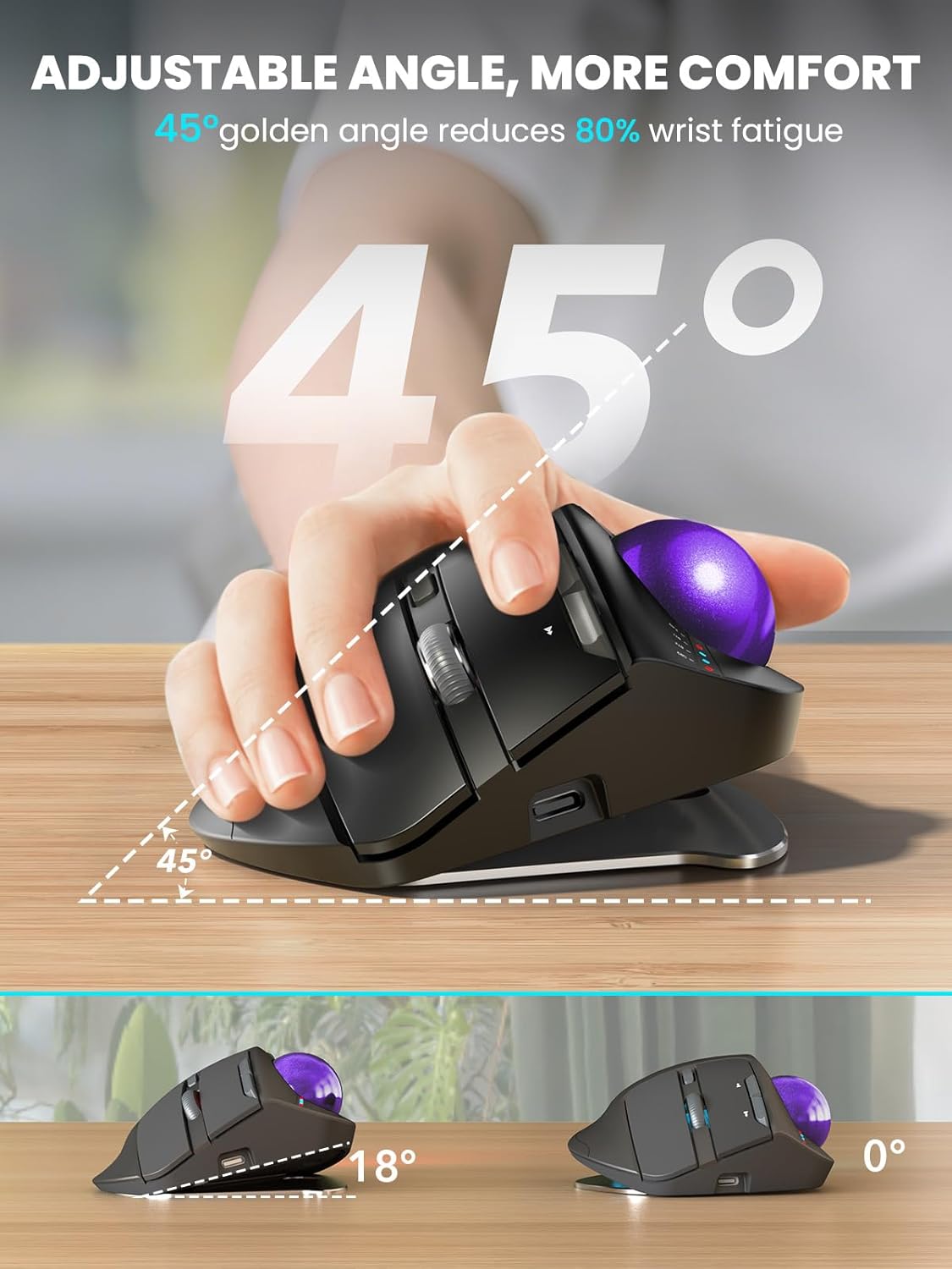 Wireless Trackball Mouse, Ergonomic Bluetooth Rechargeable Computer Mouse, Backlit Rollerball Thumb Laptop mice with 5 Level DPI, Adjustable Angle, 3 Devices Connection for PC, Windows - Purple Ball