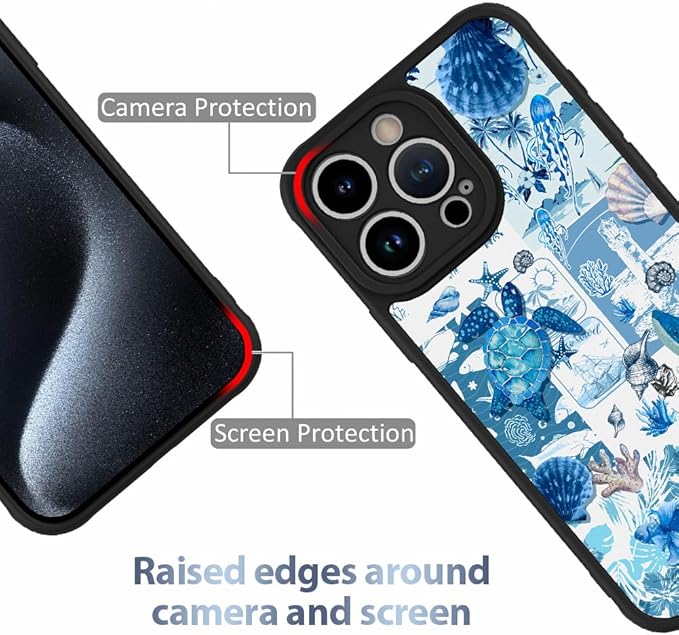 AIGOMARA Case for iPhone 15 Pro [Compatible with MagSafe] Blue Turtle Shell Ocean Collage Pattern Design for Women Girls Men Soft TPU Bumper Hack PC Back Shockproof Protective Slim Magnetic Cover