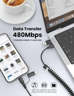 Coiled USB-C and Lightning Cable 2-in-1, 3FT iPhone 17 16 Car Charger Cord, 60W Fast Charging Cable for iPhone 15, Samsung Galaxy Supports Apple CarPlay & Android Auto (Black)