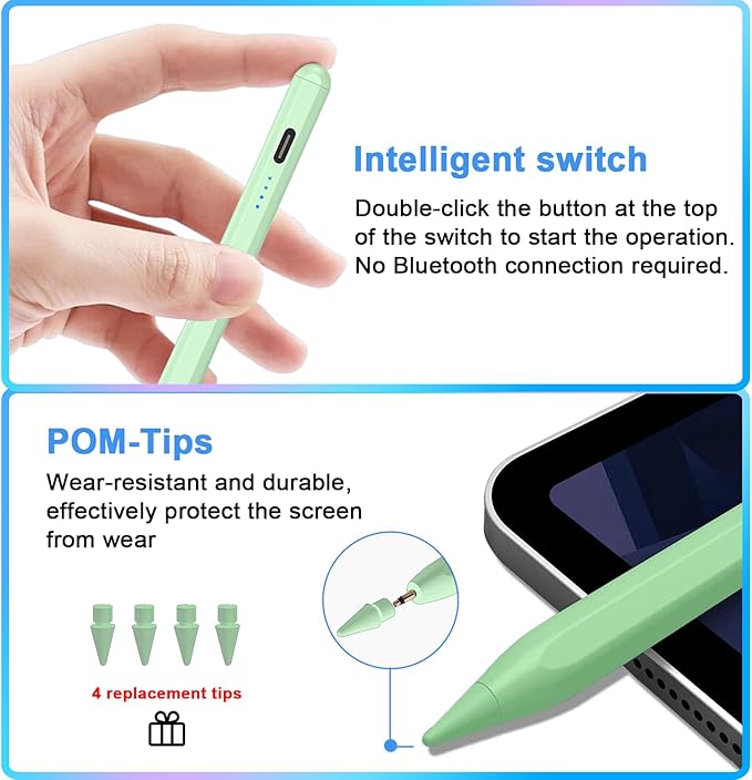 Stylus Pen for iPad 9th&10th - Type-c Charging Pencil for ipad Palm Rejection Active Pen Compatible with (2018-2025) Apple iPad 6/7/8/9/10/11(A16), Air 3/4/5/M2/M3, Mini 5/6, Pro 11"/12.9"/M4（Green）
