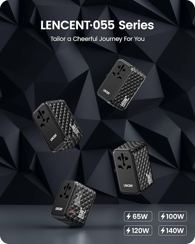 LENCENT 120W Universal Travel Adapter, GaN International Travel Adapter with 3 USB-C 1 USB-A Ports, Worldwide Fast Charger for Cameras Phones, All in One Power Converter for USA EU UK AUS Black