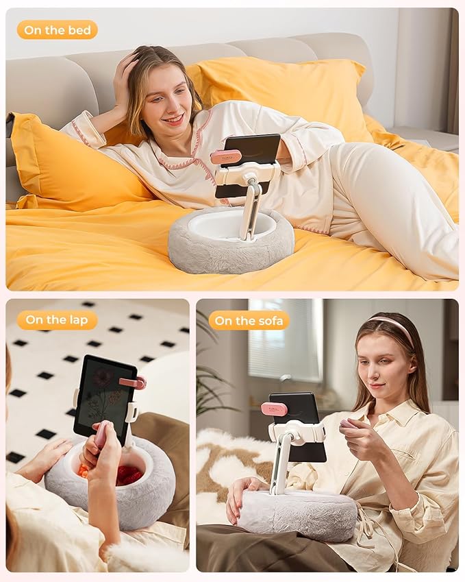 Kindle Pillow Stand – Soft Grey Fuzzy Tablet Holder with Storage Bowl, Hands-Free Lap Stand for Bed, Couch – Compatible with Kindle, iPad, Phones & E-Readers (Gray)