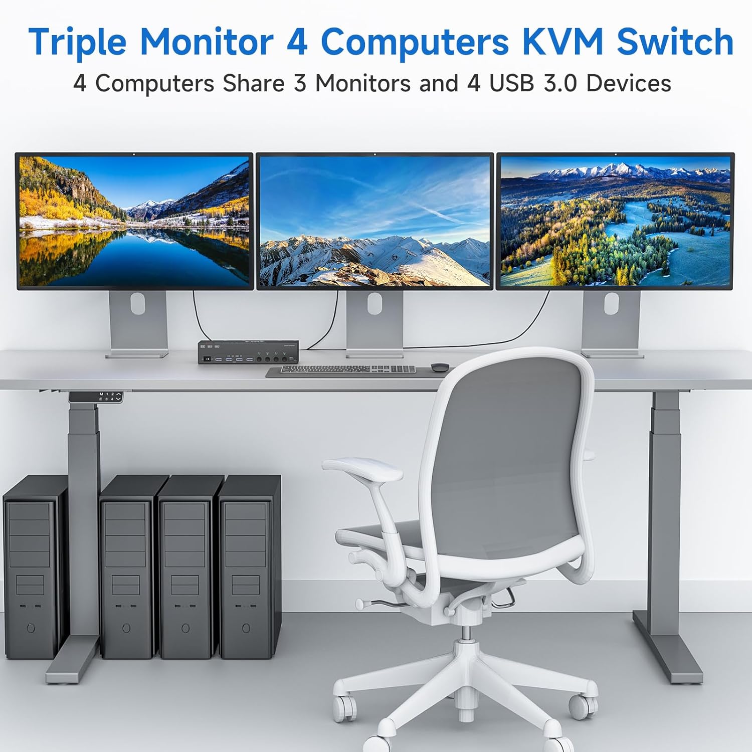 HDMI+2 Displayport KVM Switch 3 Monitors 4 Computers 8K@60Hz 4K@144Hz,4 Port KVM Switches Triple Monitor Share 3 Display and 4 USB3.0 Ports Support Extended/Mirror Mode.