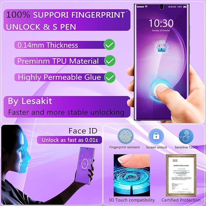 [2+2 Pack] Lesakit Anti-Blue Light Privacy Screen Protector for Samsung Galaxy S23 Ultra 6.8 inch with 2 Pack Camera Lens Protector, [Support Fingerprint ID] Anti Spy TPU Flexible Screen Protector- Purple