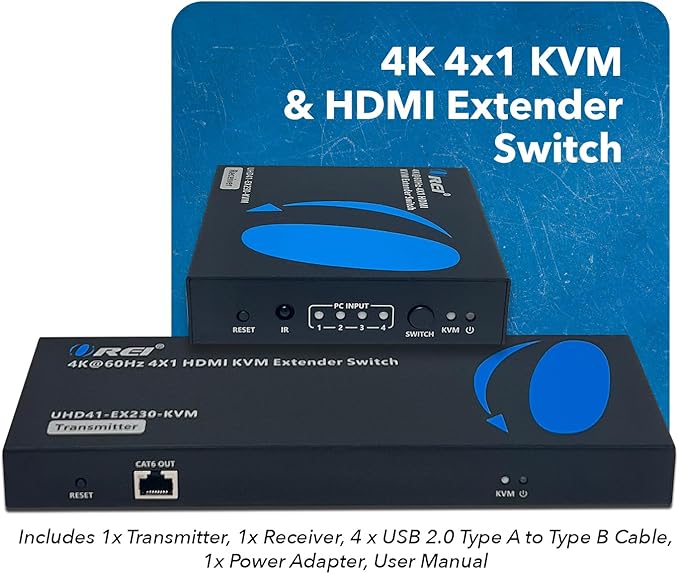 OREI 4x1 KVM 4K HDMI Over Ethernet Extender Switcher Balun Over CAT6/7 Cable 4K@60Hz Upto 230 Feet - 2 USB 1.1 Ports, Supports Keyboard and Mouse USB