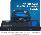 OREI 4x1 KVM 4K HDMI Over Ethernet Extender Switcher Balun Over CAT6/7 Cable 4K@60Hz Upto 230 Feet - 2 USB 1.1 Ports, Supports Keyboard and Mouse USB