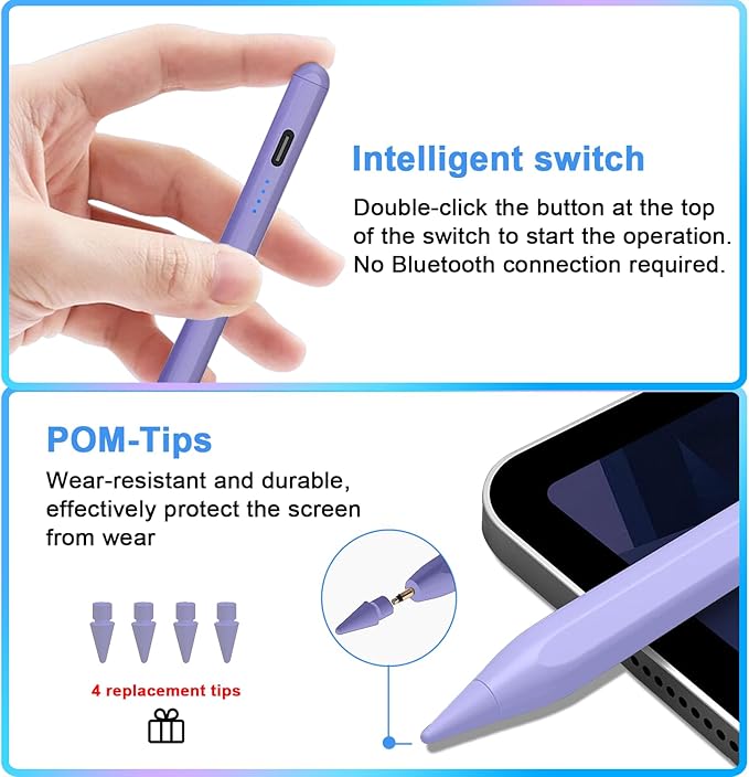 Stylus Pen for iPad 9th&10th - Type-c Charging Pencil for ipad Palm Rejection Active Pen Compatible with (2018-2025) Apple iPad 6/7/8/9/10/11(A16), Air 3/4/5/M2/M3, Mini 5/6, Pro 11"/12.9"/M4（Purple）