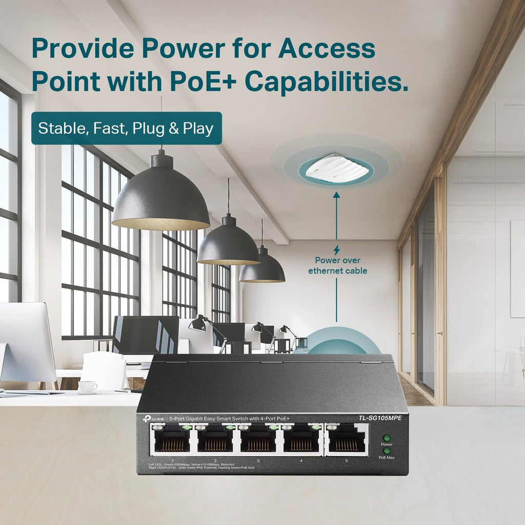 TP-Link TL-SG105MPE | Easy Smart Managed | 4 PoE+ Ports @120W, w/ 1 Uplink Gigabit Port | QoS, Vlan, IGMP & LAG | Fanless | PoE Auto Recovery | 3 Year Protection