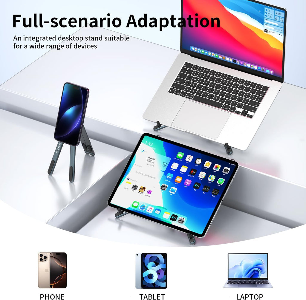 Adjustable Laptop Stand for Desk, Magnetic Phone Holder with Magsafe Compatibility, Portable Foldable Computer Riser for MacBook, iPhone, iPad, Tablet - Perfect for Office, Home, Traveling