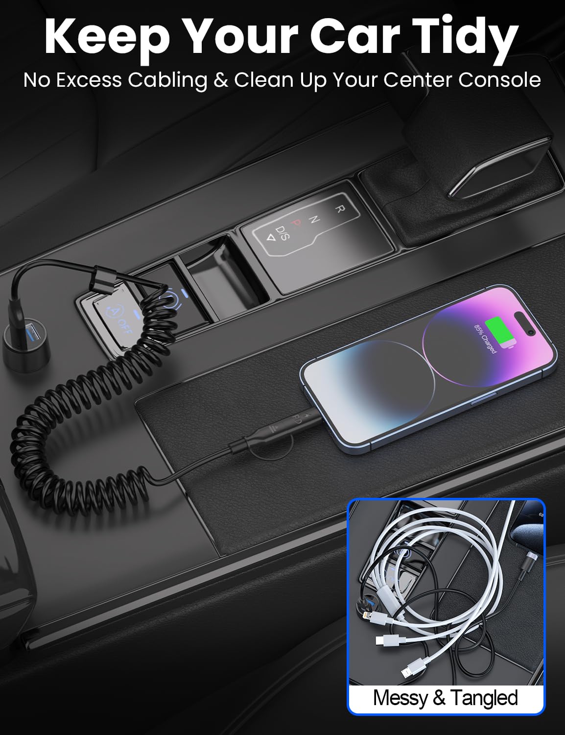 Coiled USB-C and Lightning Cable 2-in-1, 3FT iPhone 17 16 Car Charger Cord, 60W Fast Charging Cable for iPhone 15, Samsung Galaxy Supports Apple CarPlay & Android Auto (Black)