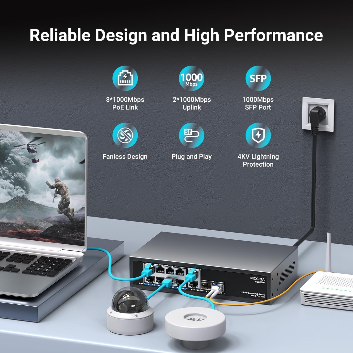 12 Port Gigabit PoE Switch Unmanaged with 8 Port IEEE802.3af/at PoE+@120W, 2 x 1000Mbps Uplink + 2 x 1G SFP, NICGIGA 8 Port Network Power Over Ethernet Switch, Desktop/Wall-Mount.