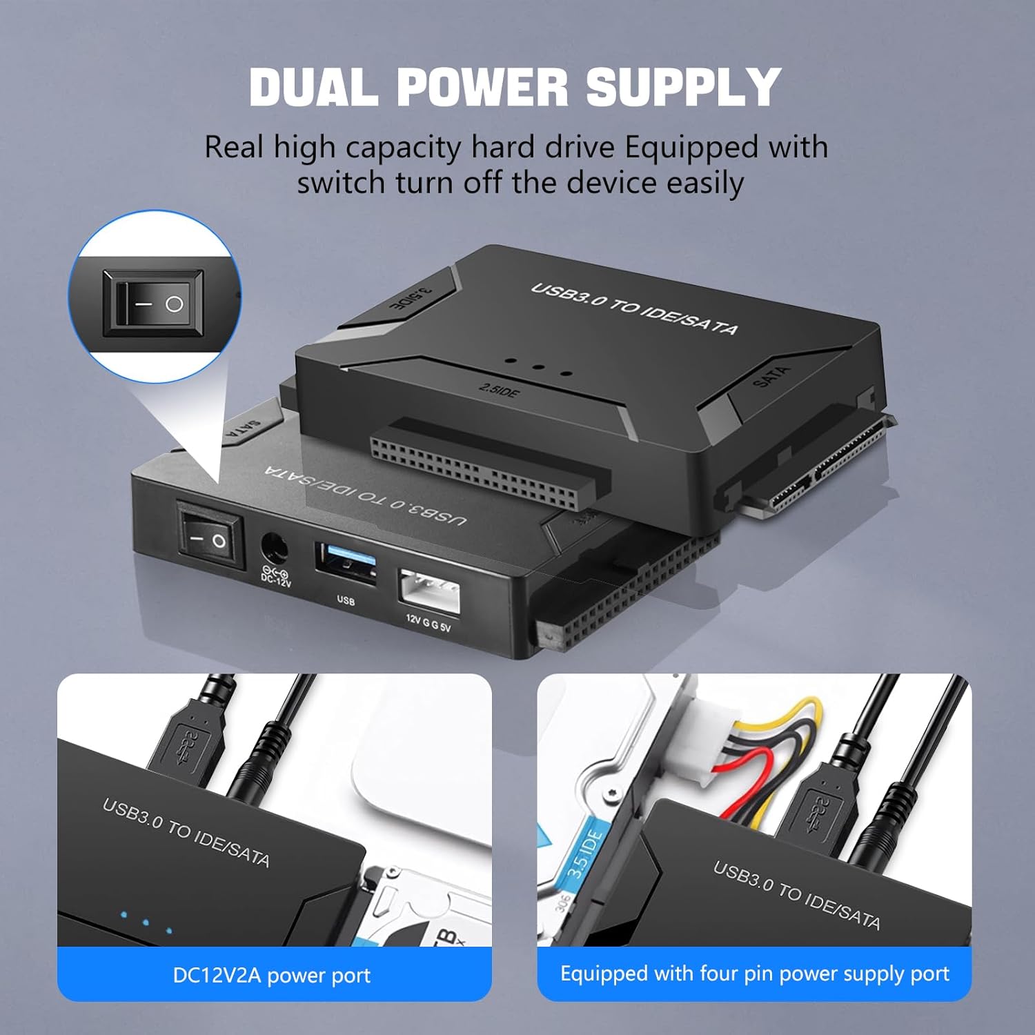 MaxRenard Hard Drive Reader USB 3.0 to SATA/IDE Adapter | Universal External Hard Drive Reader & Data Recovery Converter Kit for 2.5"/3.5" HDD/SSD | with 12V/2A Power Supply