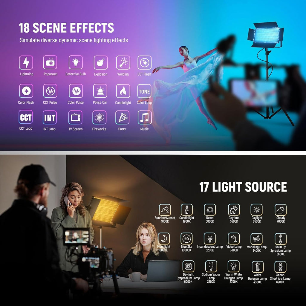 NEEWER 105W RGB LED Panel Video Light Kit with Barn Doors, 1200 LEDs 31500Lux/0.5m 2500K-10000K CRI96+/TLCI97+ Dimmable, APP/2.4G/Panel/DMX Control, Studio Photography Video Recording Lighting, AP100C