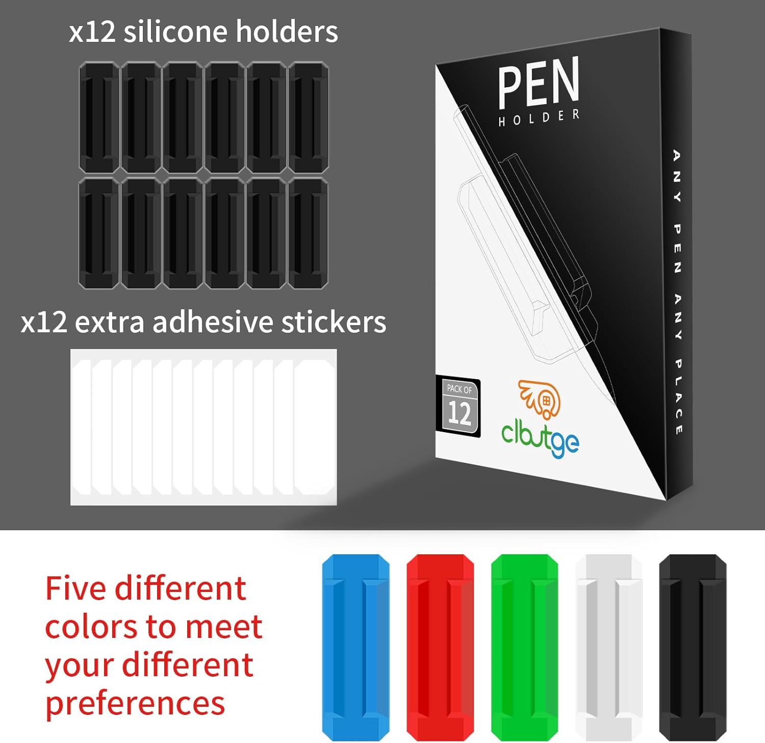 12 Pack Pen Holder for Desk, Silicone Pencil Holder with 12 Extra Adhesive Stickers, Adhesive Pen Holder & Marker Clip for Classroom Office Desk or Any Surface, Teacher Accessories Supplies (Black)