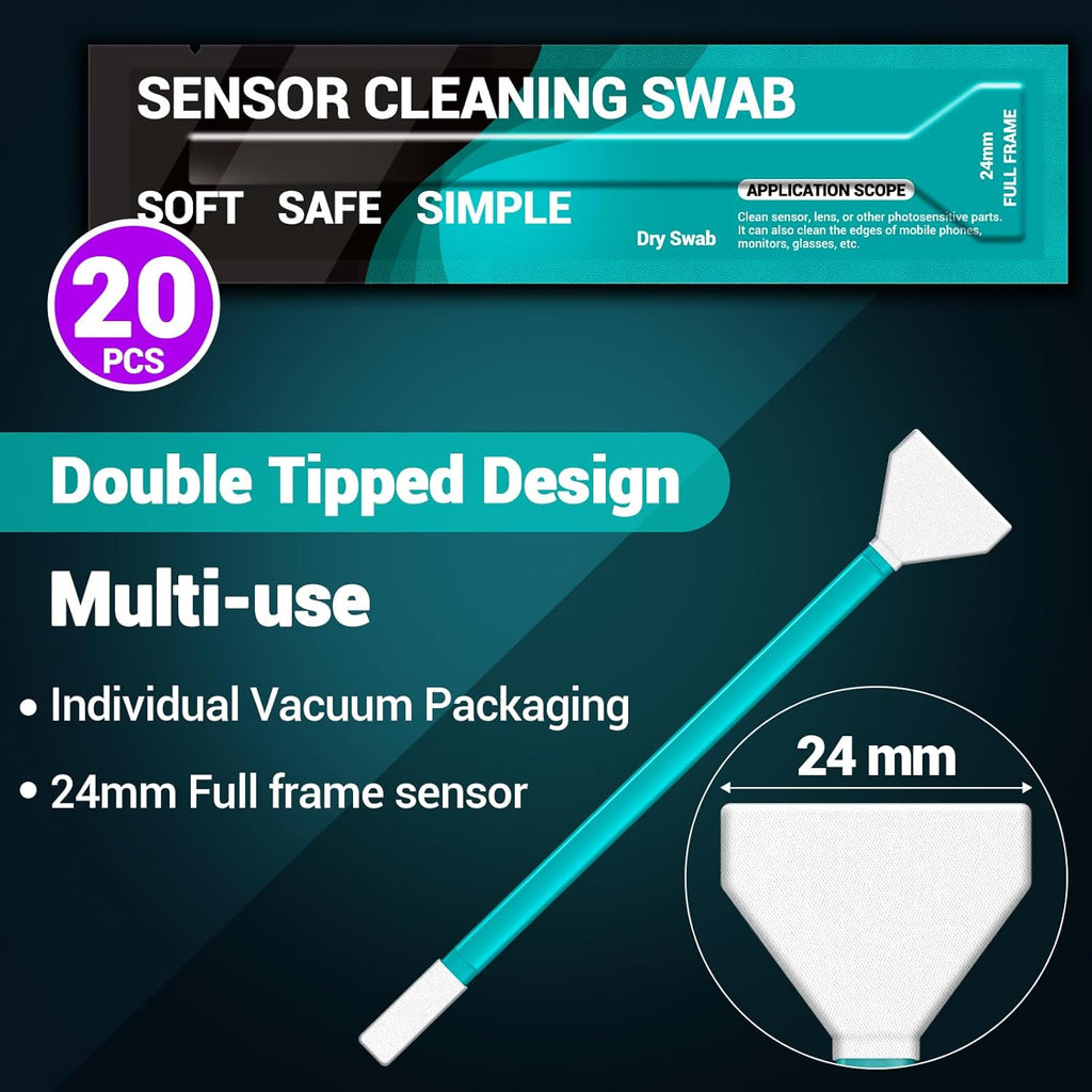 Aocii 20pcs Full Frame Camera Sensor Cleaning Kit, Lens Solution, 24mm Swab, 30ml Cleaner for Sony Nikon Canon FF CCD CMOS (Dust-Free Vacuum Packaging)