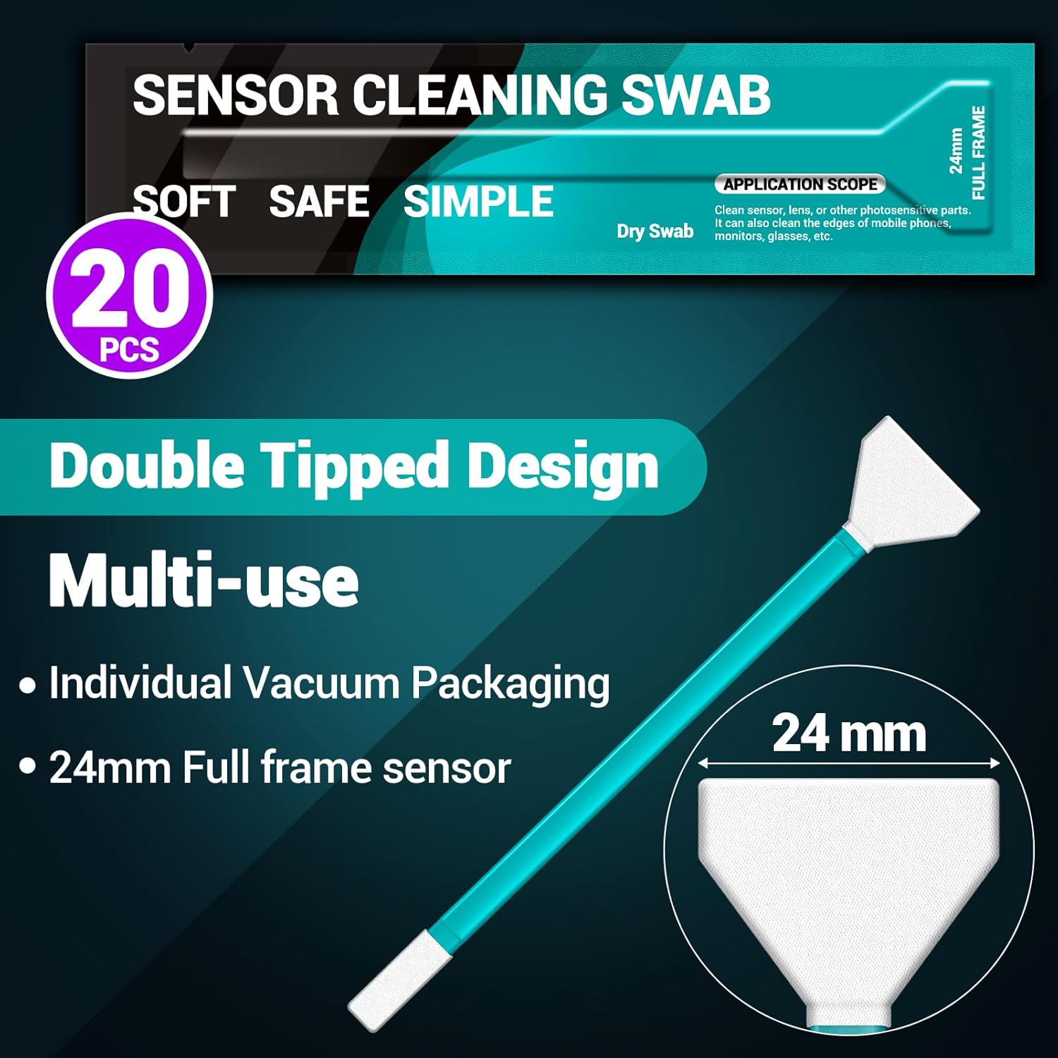 Aocii 20pcs Full Frame Camera Sensor Cleaning Kit, Lens Solution, 24mm Swab, 30ml Cleaner for Sony Nikon Canon FF CCD CMOS (Dust-Free Vacuum Packaging)
