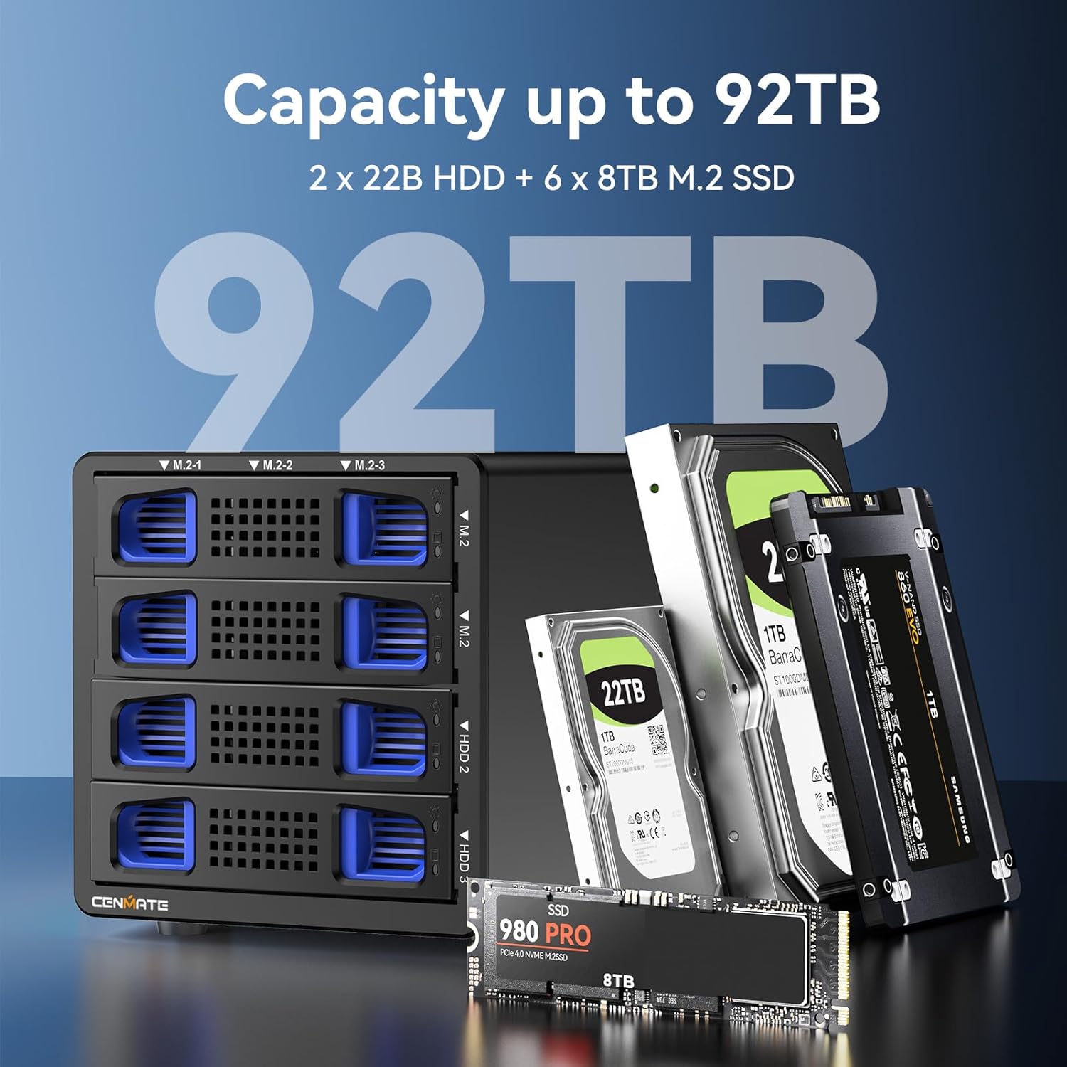 Hybrid 2*2.5/3.5" SATA HDD/SSD+6* M / B+M Key M.2 NVMe Enclosure with Cooling Fan and USB A/C 3.2 Gen 2, Hard Drive Enclosure Support 92TB(2*22TB HDD+6*8TB 2230/2242/2260/2280/22110 SSDs)