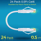Rapink Patch Cables Cat6/ Cat6a 0.5ft (24 Pack) Slim, Cat6a Ethernet Patch Cable 10G Support, Snagless Cat 6 Patch Cable for Patch Panel to Switch, Flexiable Cat6 Ethernet Cable White